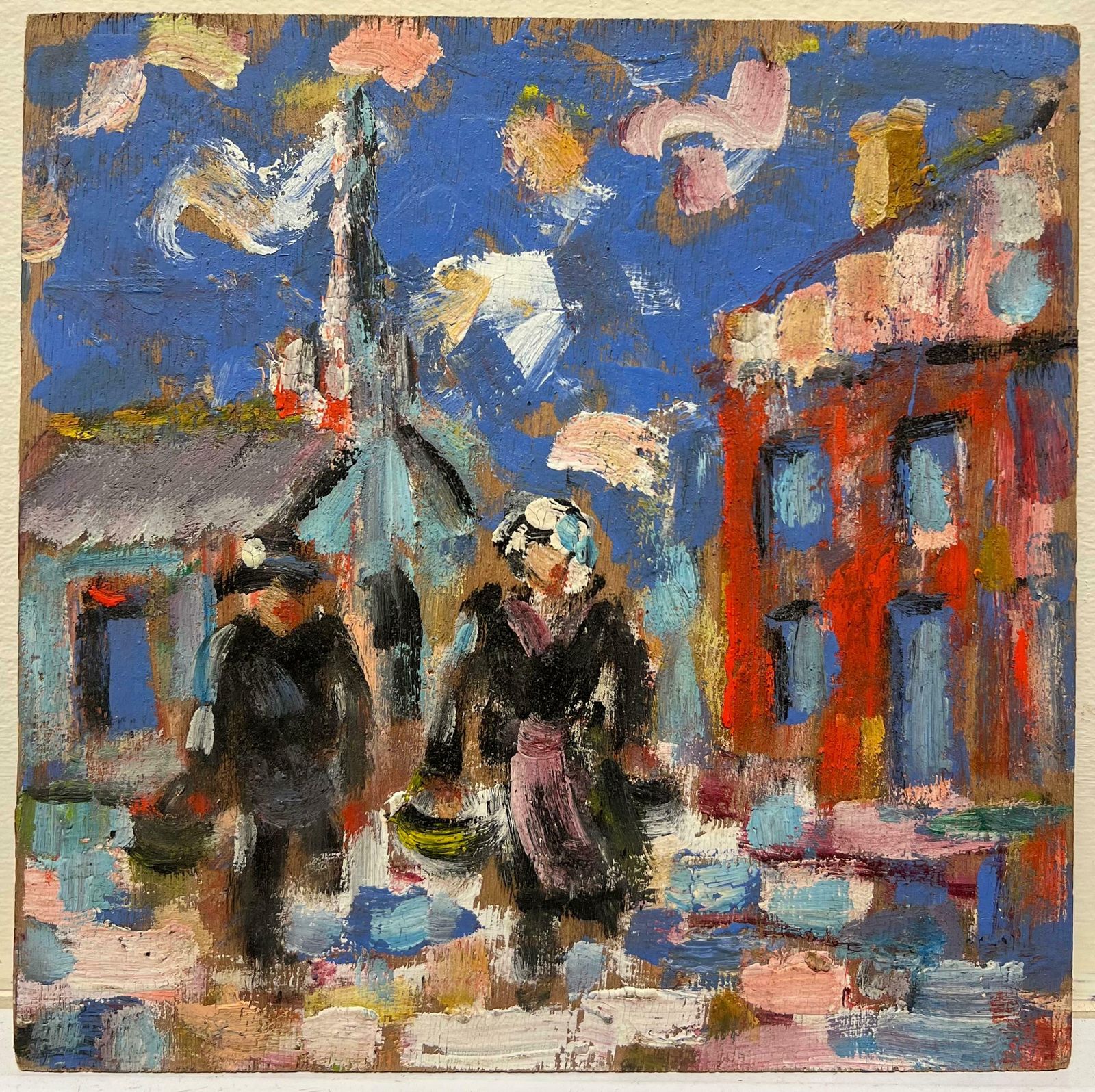 Fanch Lelvibrant Village Street Scene With Figures Original French Oil Painting20th Century photo furniture