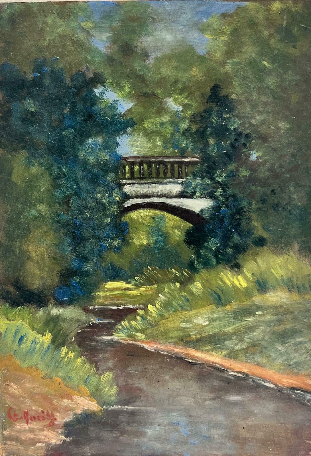 French Schoolearly 20th Century French Signed Oil Painting Bridge Over River In Parkland