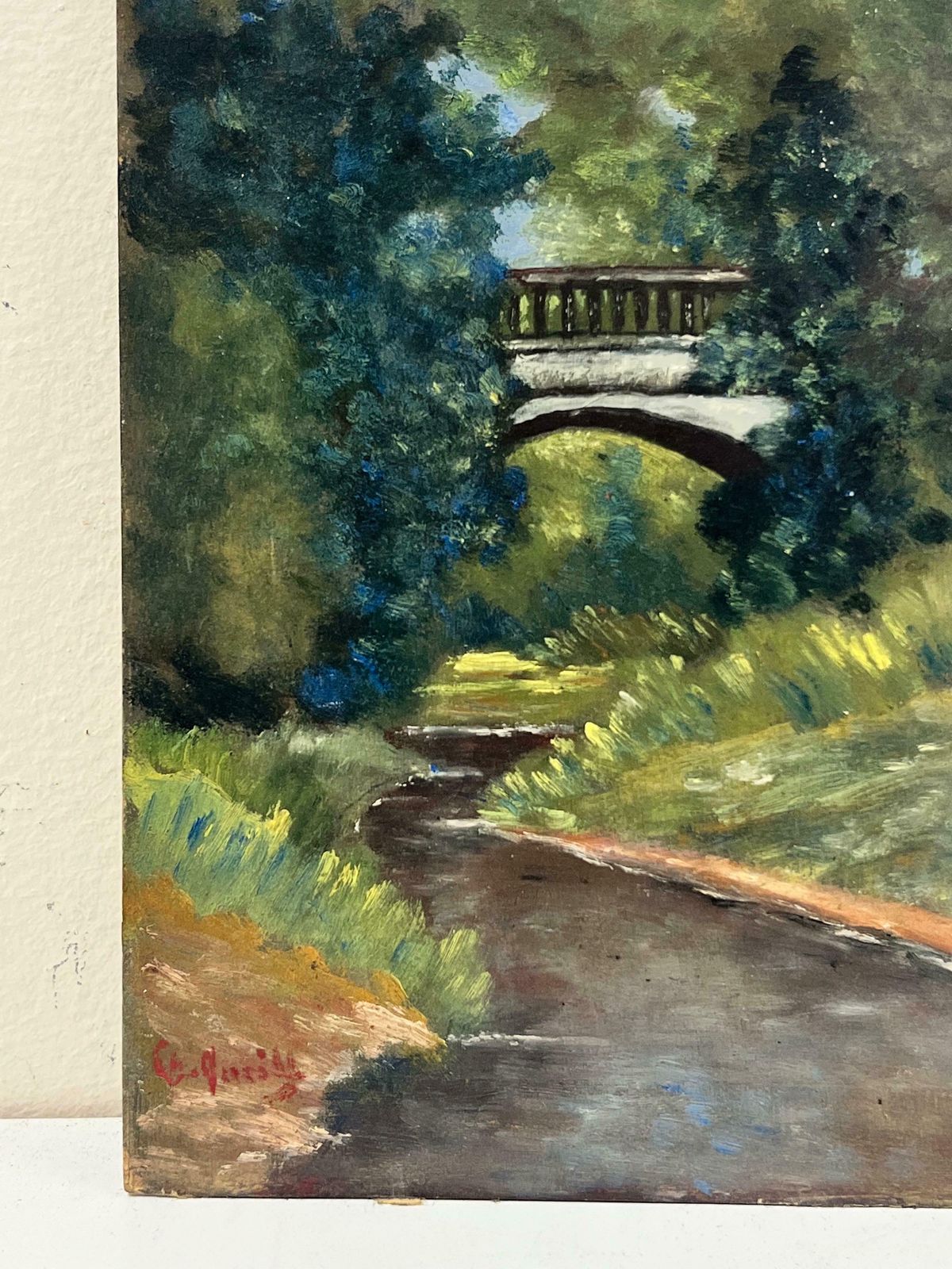 French Schoolearly 20th Century French Signed Oil Painting Bridge Over River In Parkland photo for sale