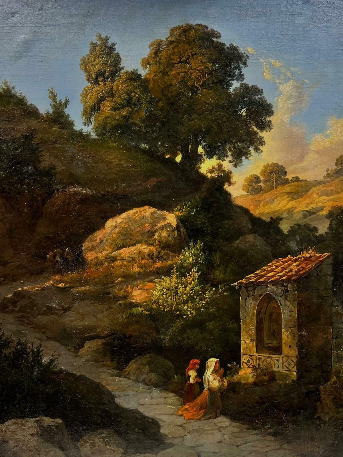 Antique French Oil19thc. French Oil Ladies Praying To Madonna Statue South Of France Landscape