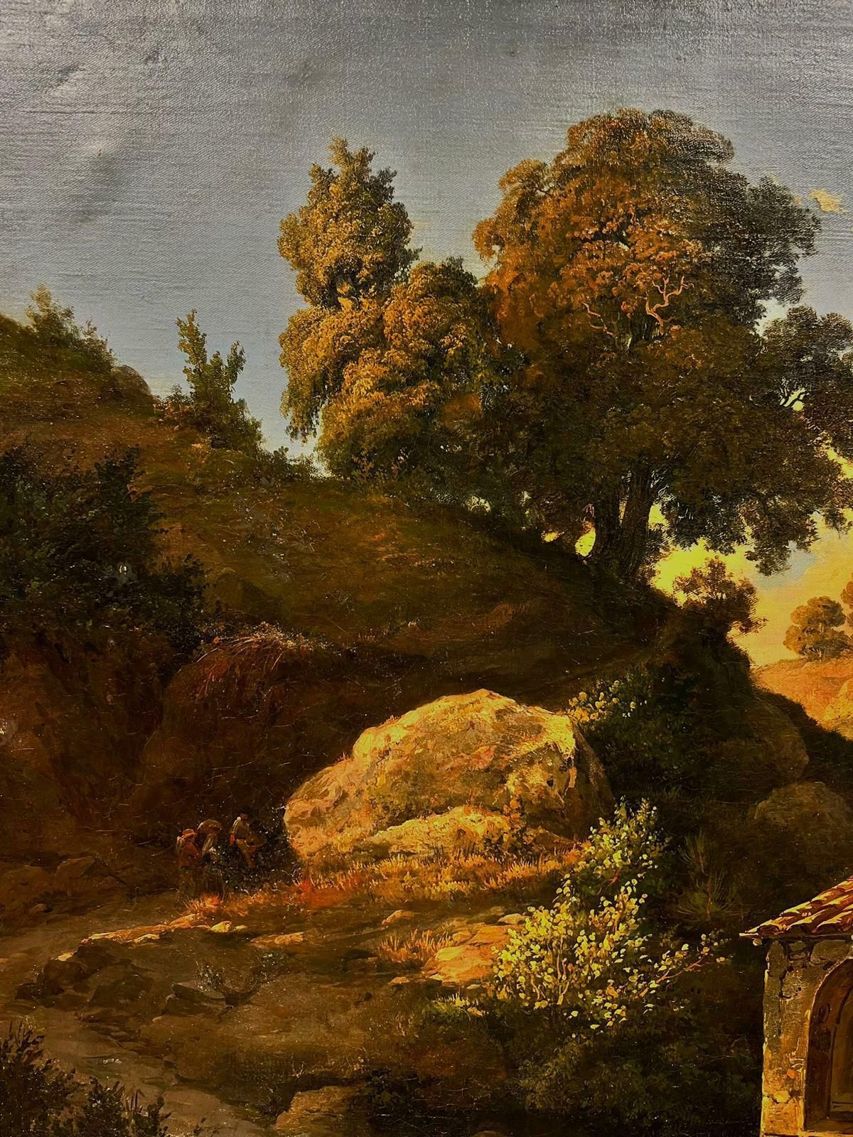 Antique French Oil19thc. French Oil Ladies Praying To Madonna Statue South Of France Landscape photo for sale