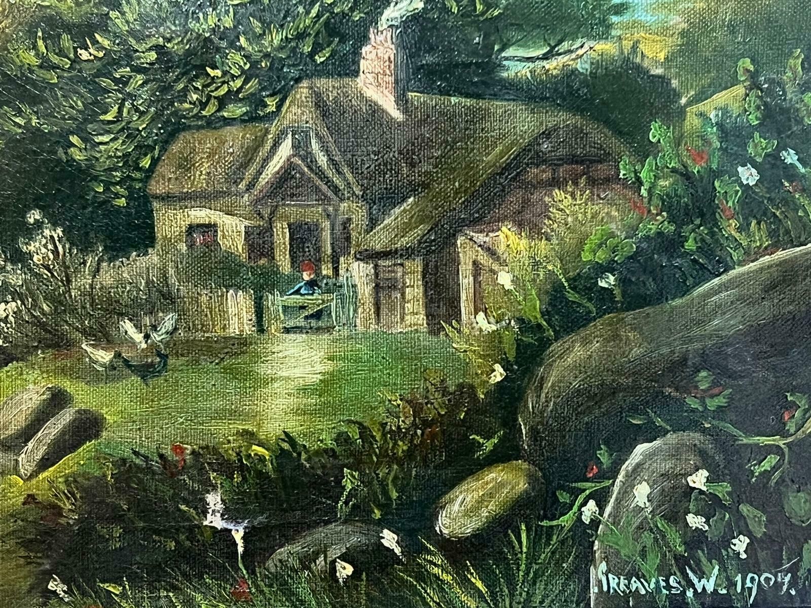 W Greavesantique British Signed & Dated Oil Painting Mother & Child By Cottage Landscape photo for sale