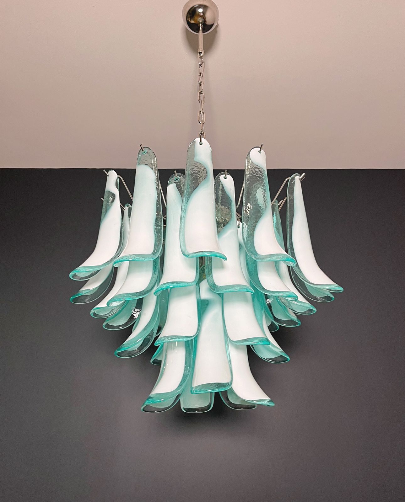 Lighting Italian Vintage Murano Chandelier   Mazzega   36 Lattimo Turquoise Glass Petals photo
