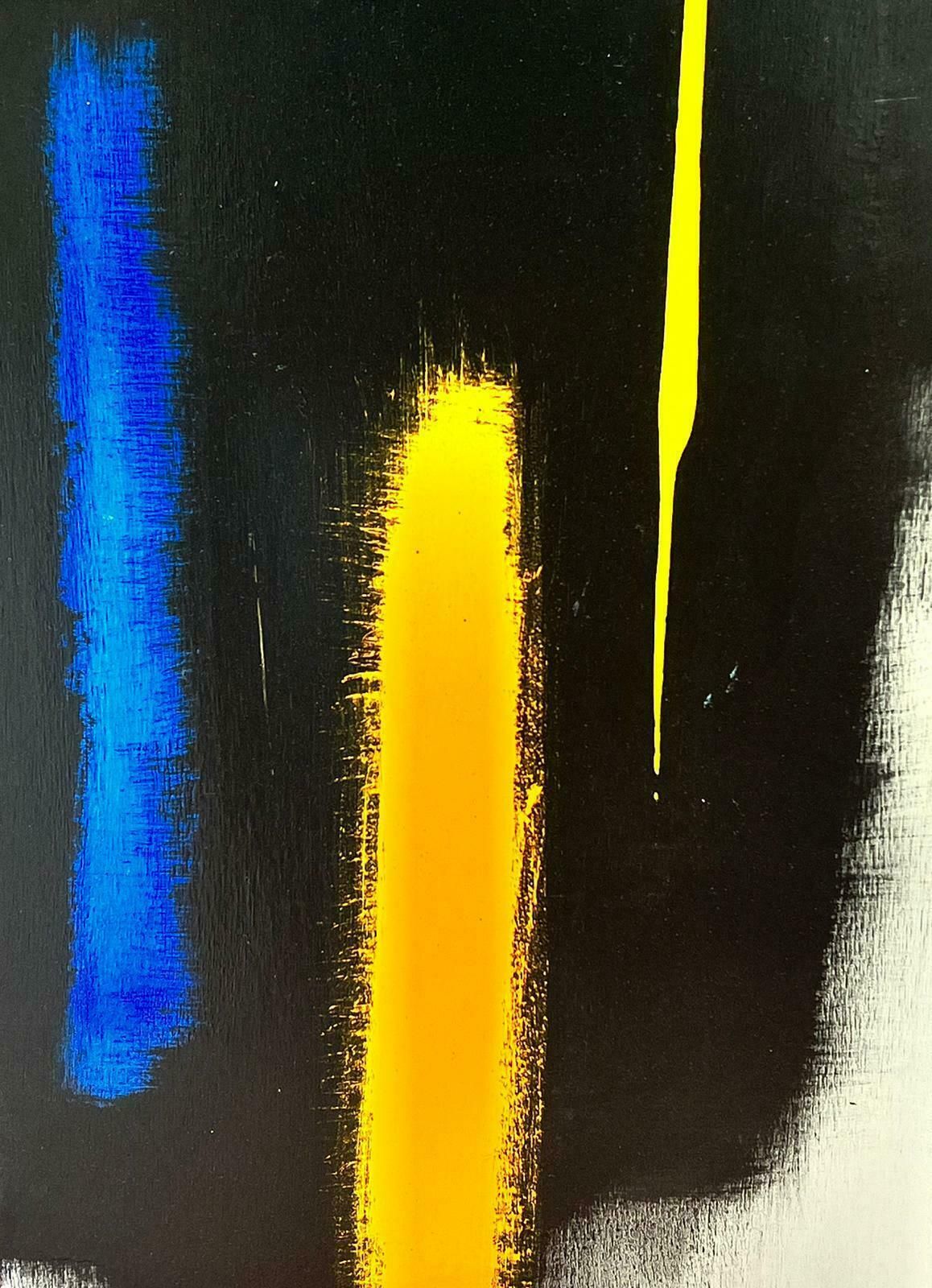French School Contemporary French Abstract Original Painting Black Blue Yellow Orange photo for sale