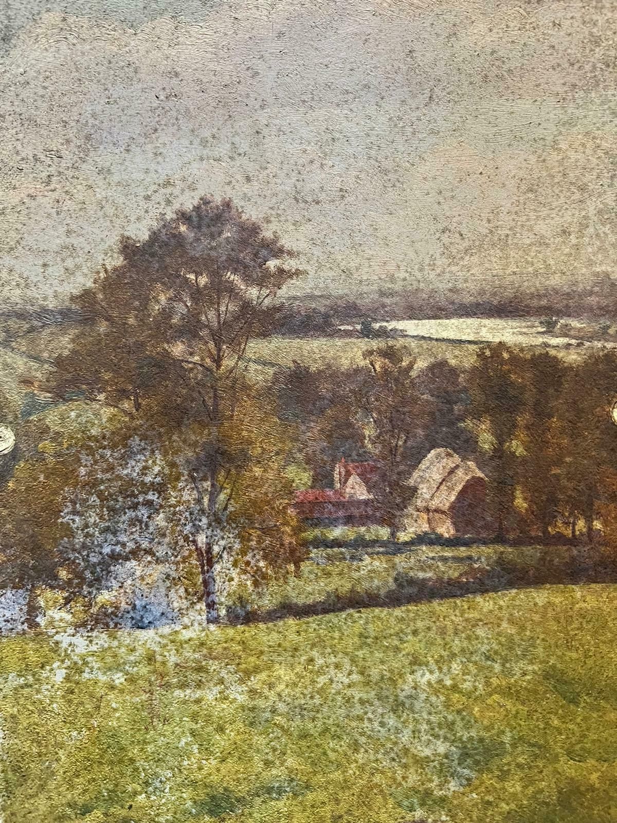 Antique English Antique Victorian English Oil Open Field View Of Village Barns photo furniture
