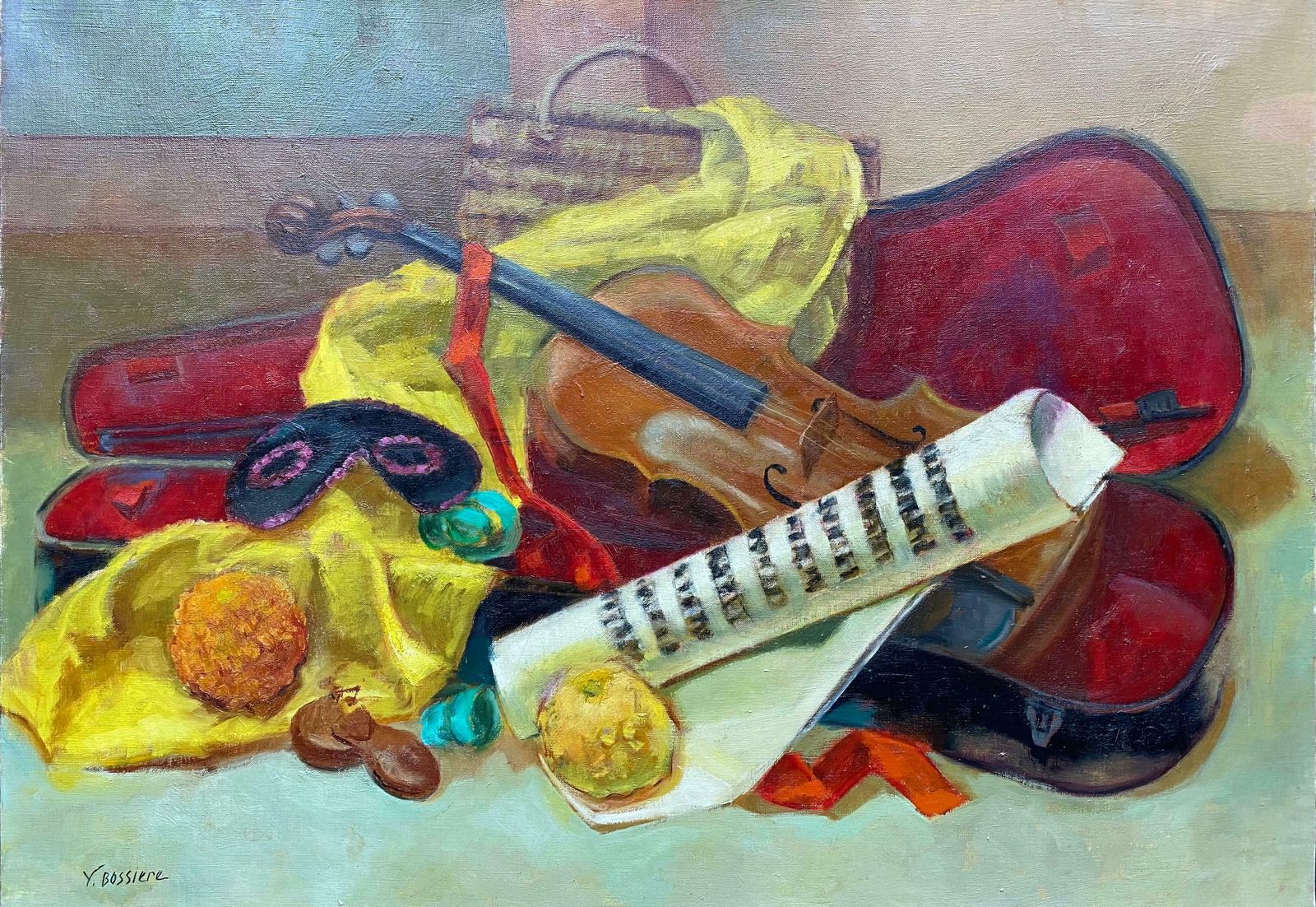 Yvette Bossierecolourful 20th Century French Impressionist   Musicians Violin Masque Still Life20th Century