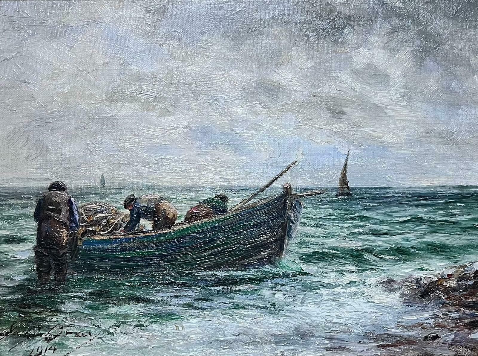 John C Grayantique Scottish Signed Oil Fishermen Bringing In Their Catch Boats At Sea1914 photo furniture