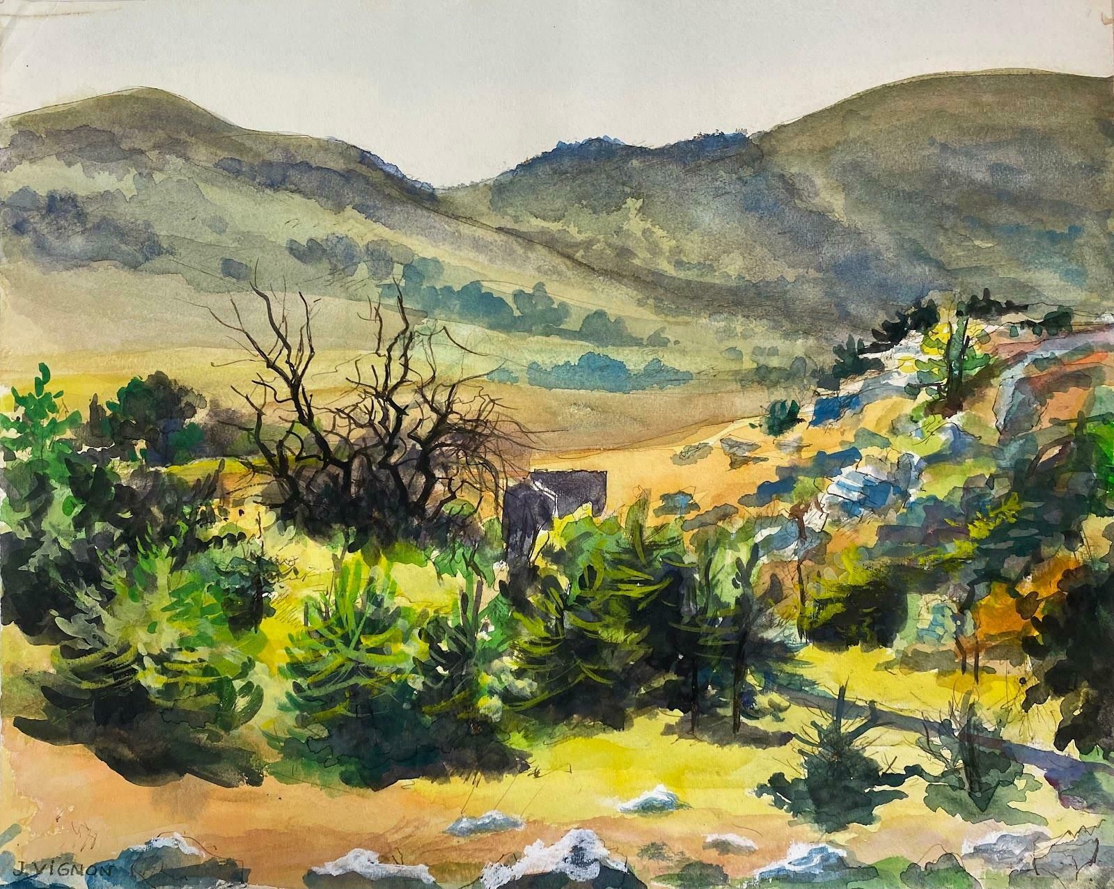 Josine Vignonpost Impressionist Watercolour Painting Landscape Of Caussols Plateau, Provencec.1988