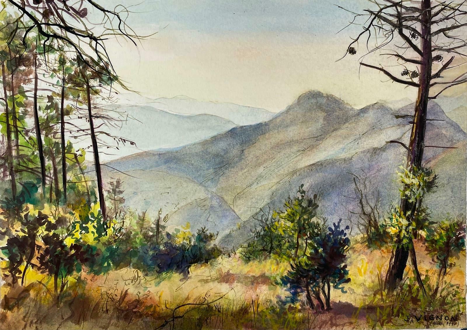 Josine Vignonpost Impressionist French Watercolour Painting The Mountains Behind Nicec.1990