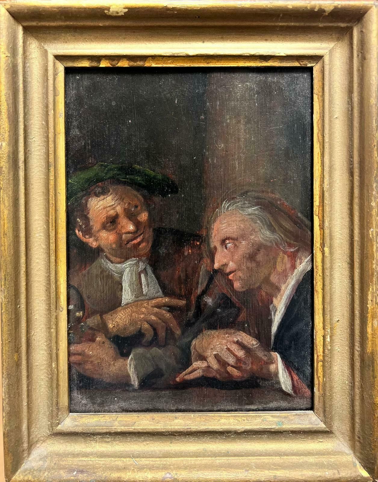 17th Century Dutch Old Master Oil Painting Wood Panel Figures In Tavern Interior photo furniture