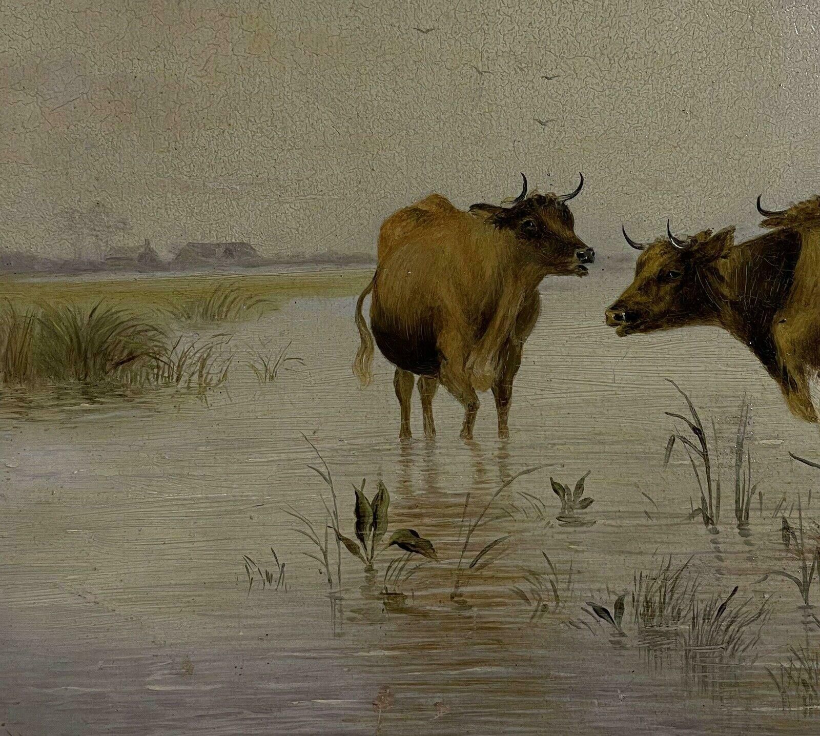 Victorian Oilcattle Watering Tranquil Pastures Signed 19th Century English Oil Painting photo Art