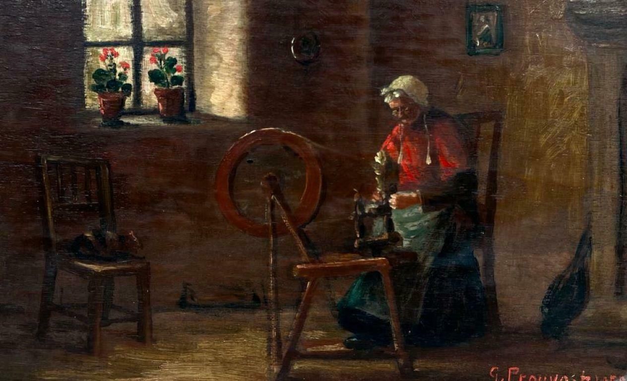 French Schoolfrench Cottage Interior Lady At Spinning Wheel Signed Oil Painting