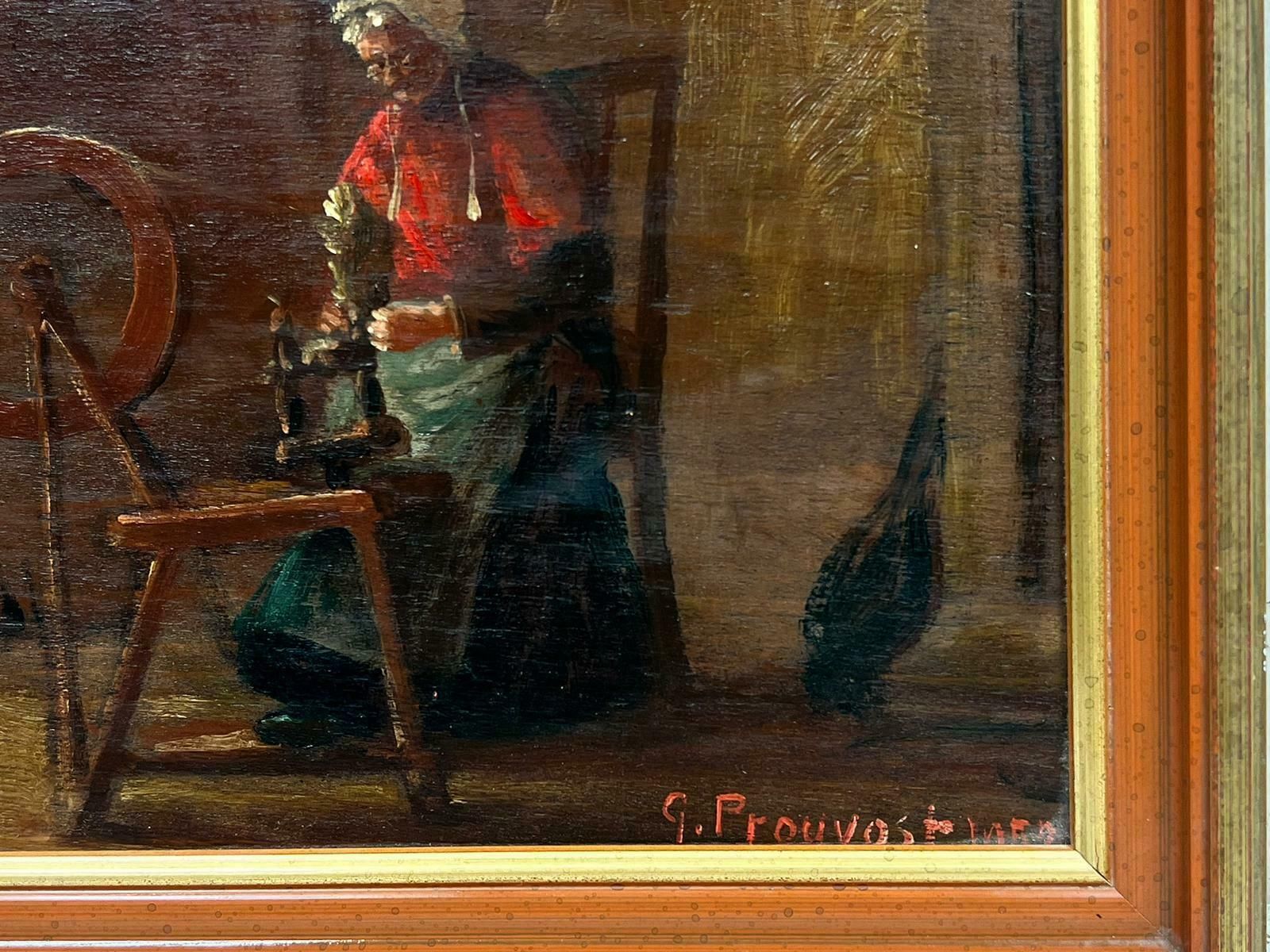 French Schoolfrench Cottage Interior Lady At Spinning Wheel Signed Oil Painting photo for sale