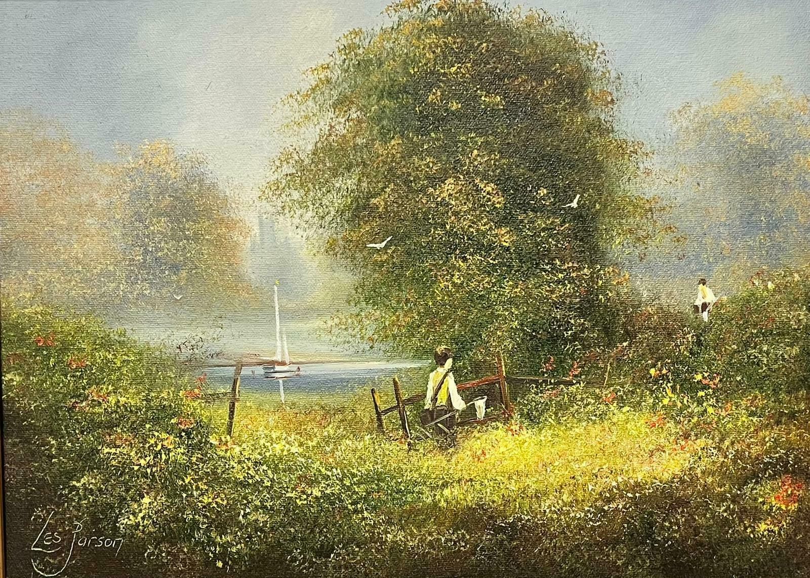 Les Parsonshazy Summer Meadow Children With Fishing Nets By River Signed English Oil photo furniture