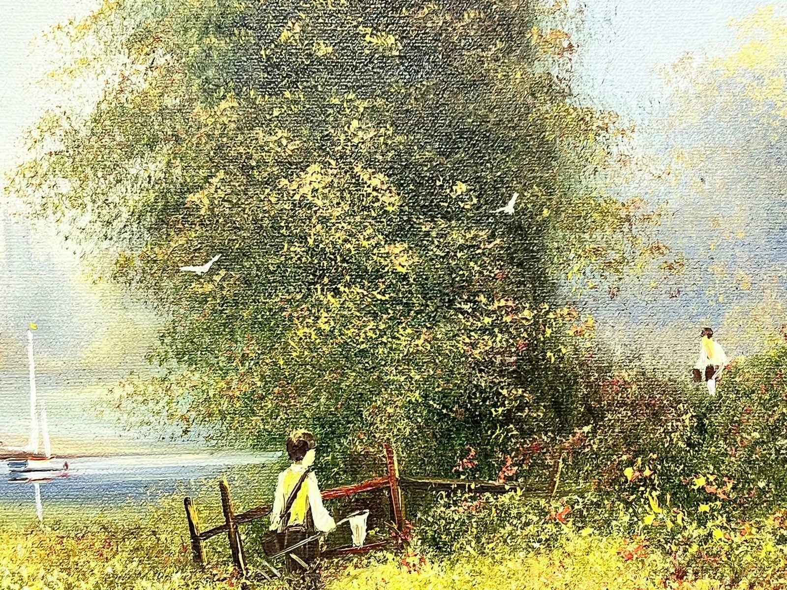 Les Parsonshazy Summer Meadow Children With Fishing Nets By River Signed English Oil photo Art