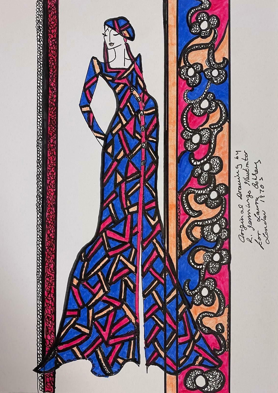 Roz Jenningsoriginal Fashion Design Illustration Watercolor Painting Laura Ashley Designerc.2000