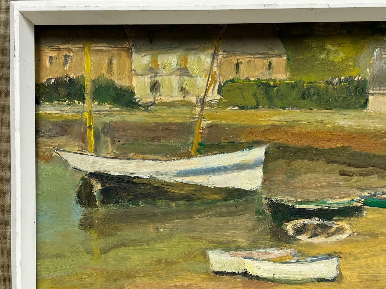 French School1960's French Signed Oil Painting Boats Moored In Old Harbor Town Earthy Colors1960's photo furniture
