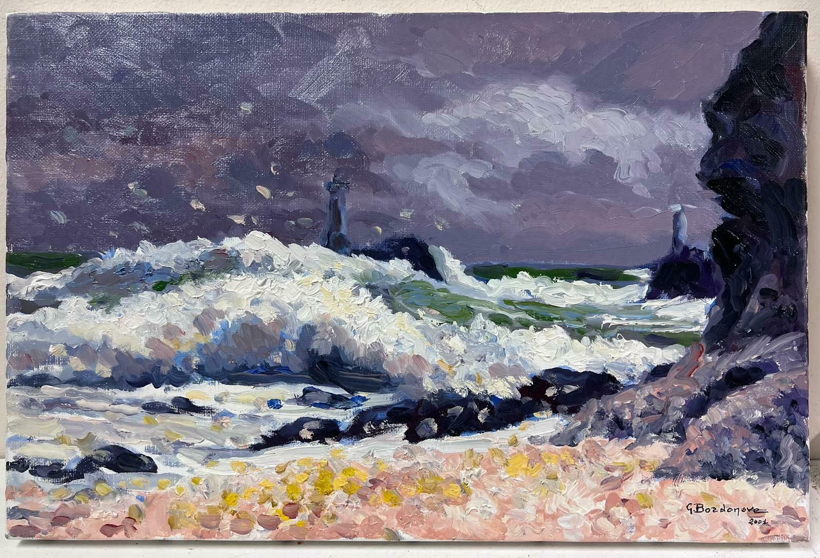 Georges Bordonovecontemporary French Impressionist Oil White Crashing Waves Against Purple Sea photo furniture