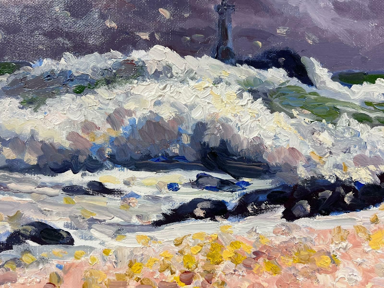Georges Bordonovecontemporary French Impressionist Oil White Crashing Waves Against Purple Sea photo Art