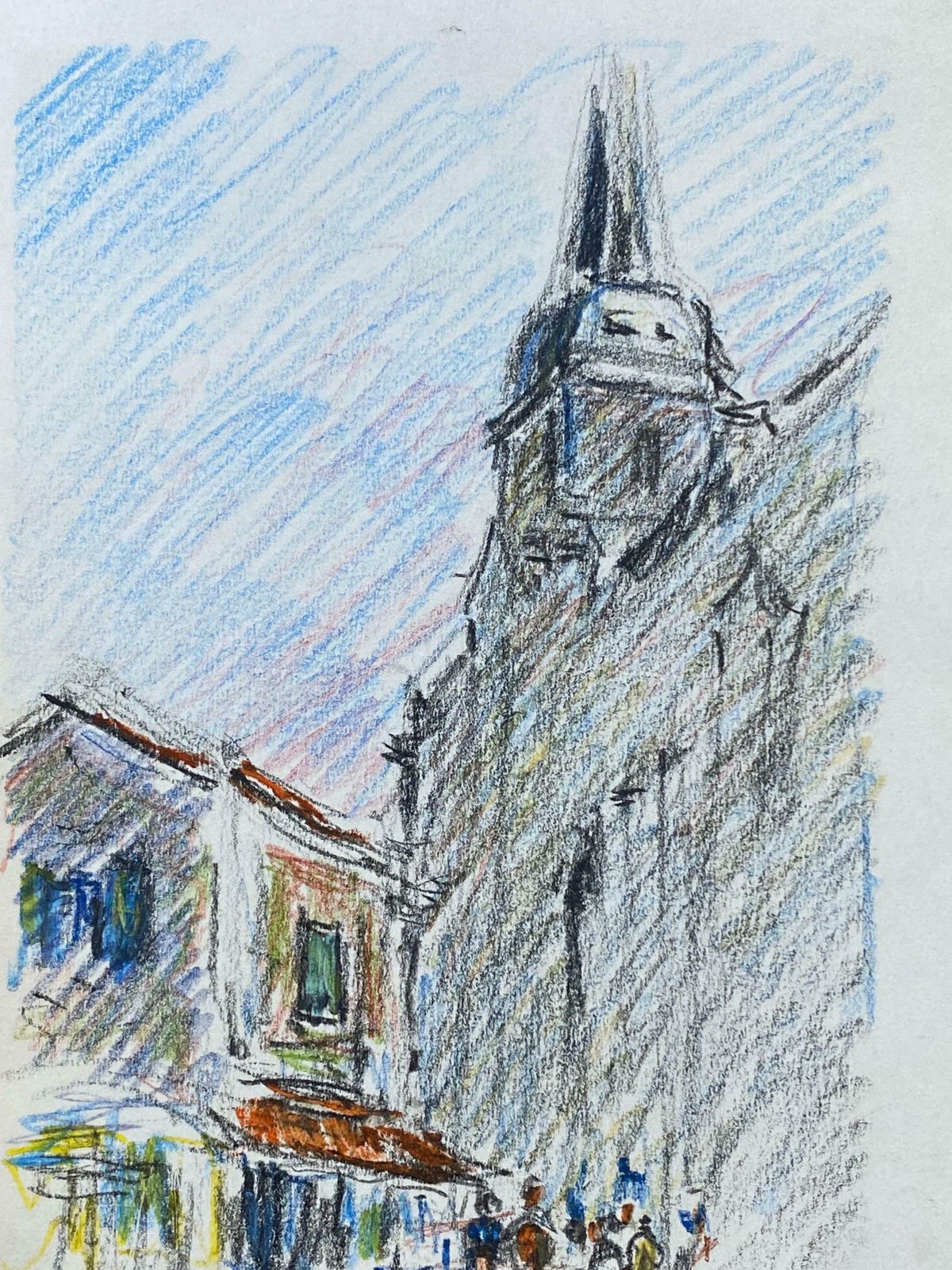 Camille Meriotold Provence Town Impressionist Crayon Drawing   Figures Mooching By Cafec. 1940's photo furniture