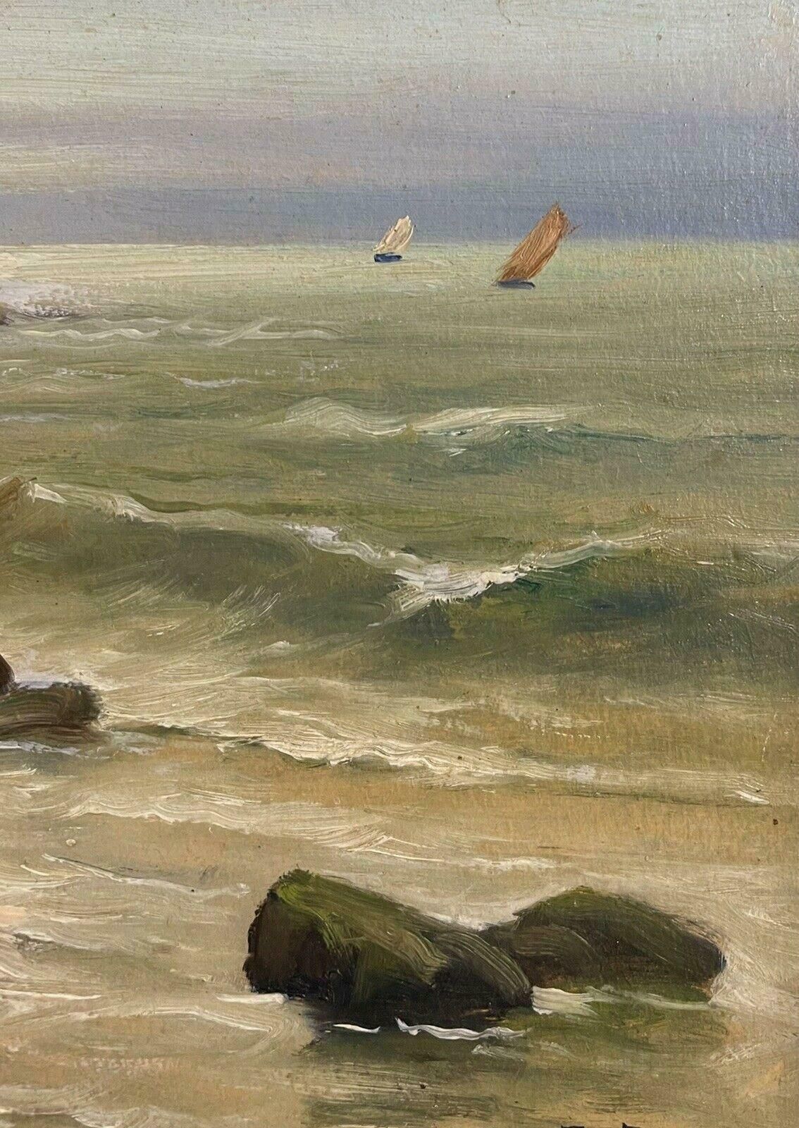Unknownantique French Signed Oil Painting Coastal Seascape Lapping Waves On Rocks photo for sale