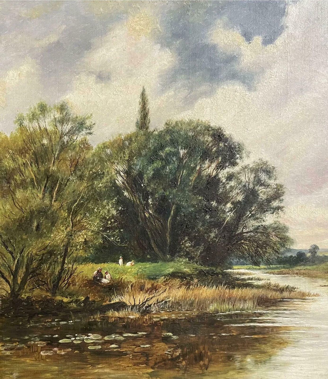 English Signedfine Edwardian Signed Oil Painting   Country River Landscape Picnic Figuresc. 1900's photo Art