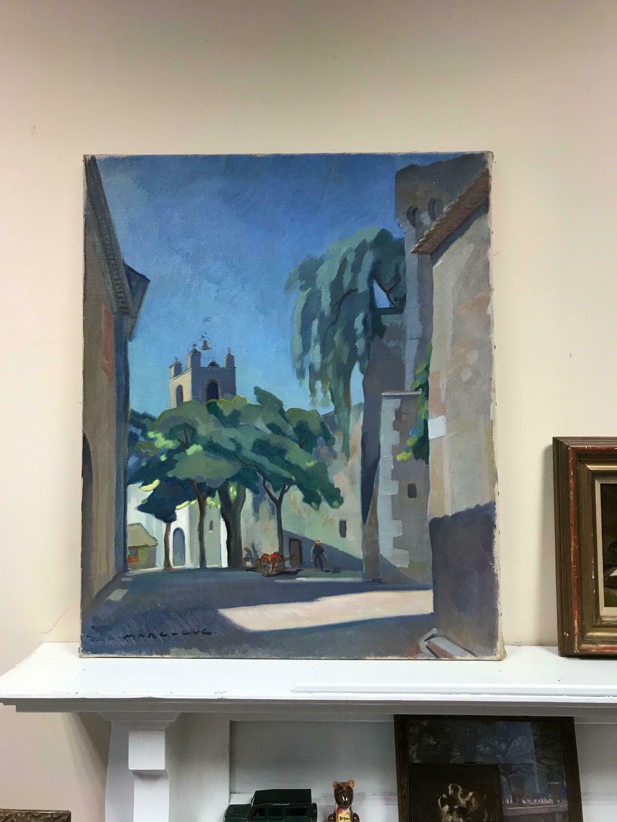 French Schoollarge Mid 20th Century French Signed Oil   Provencal Village Street Scene Cagnes1950's photo furniture
