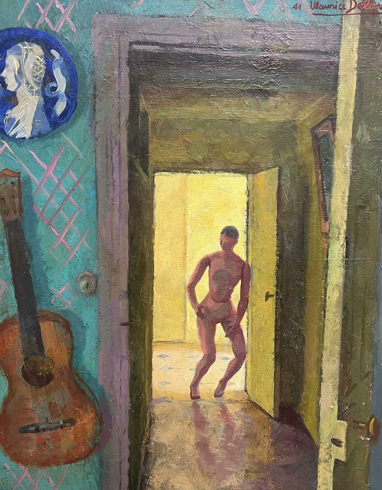 Maurice Delavier1940's French Signed Modernist Oil Painting Nude Figure In Room Interior1950's photo furniture