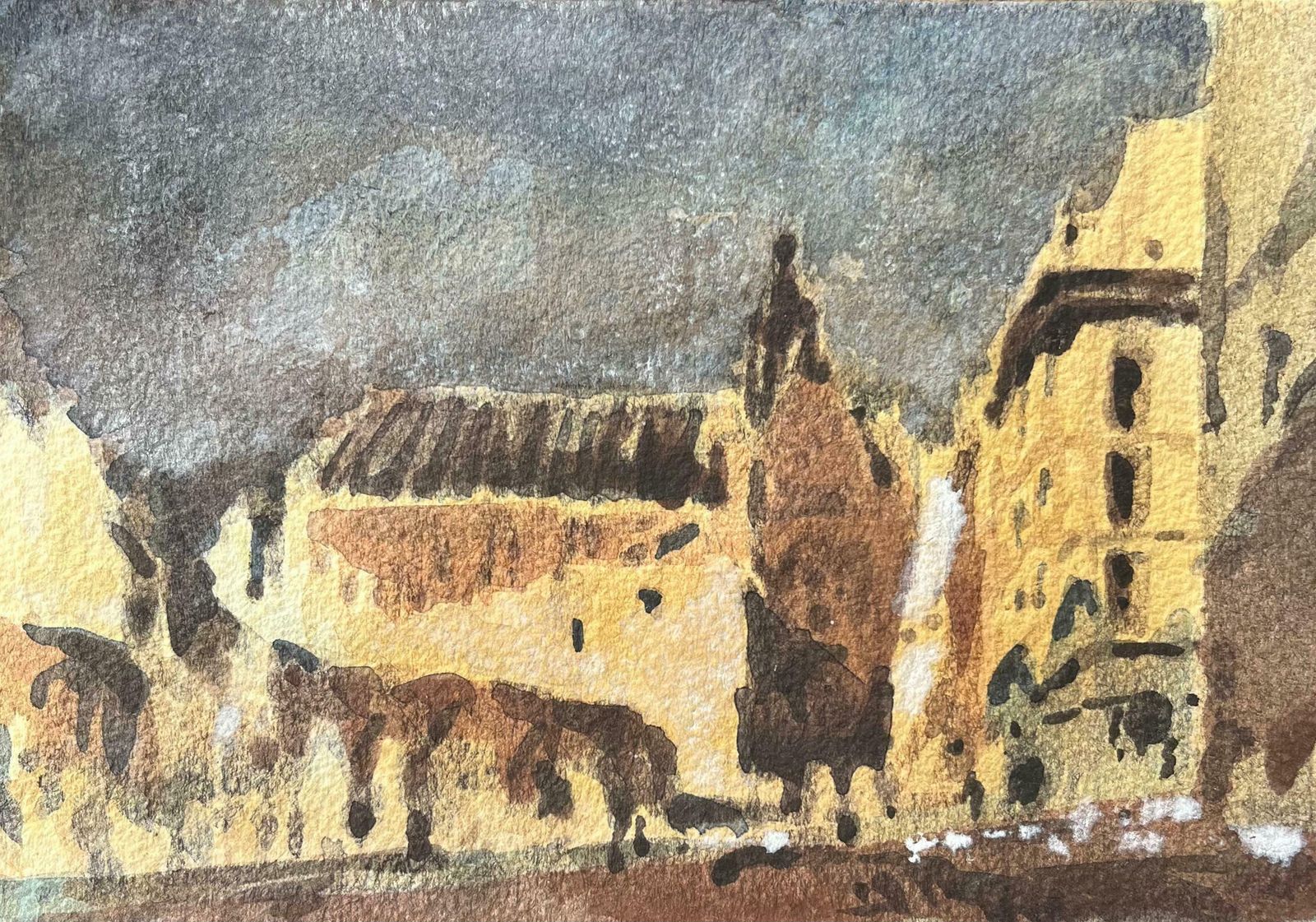 Maurice Mazeiliefrench Impressionist Watercolor Of A Sunlit Square With Architectural Buildings20th Century