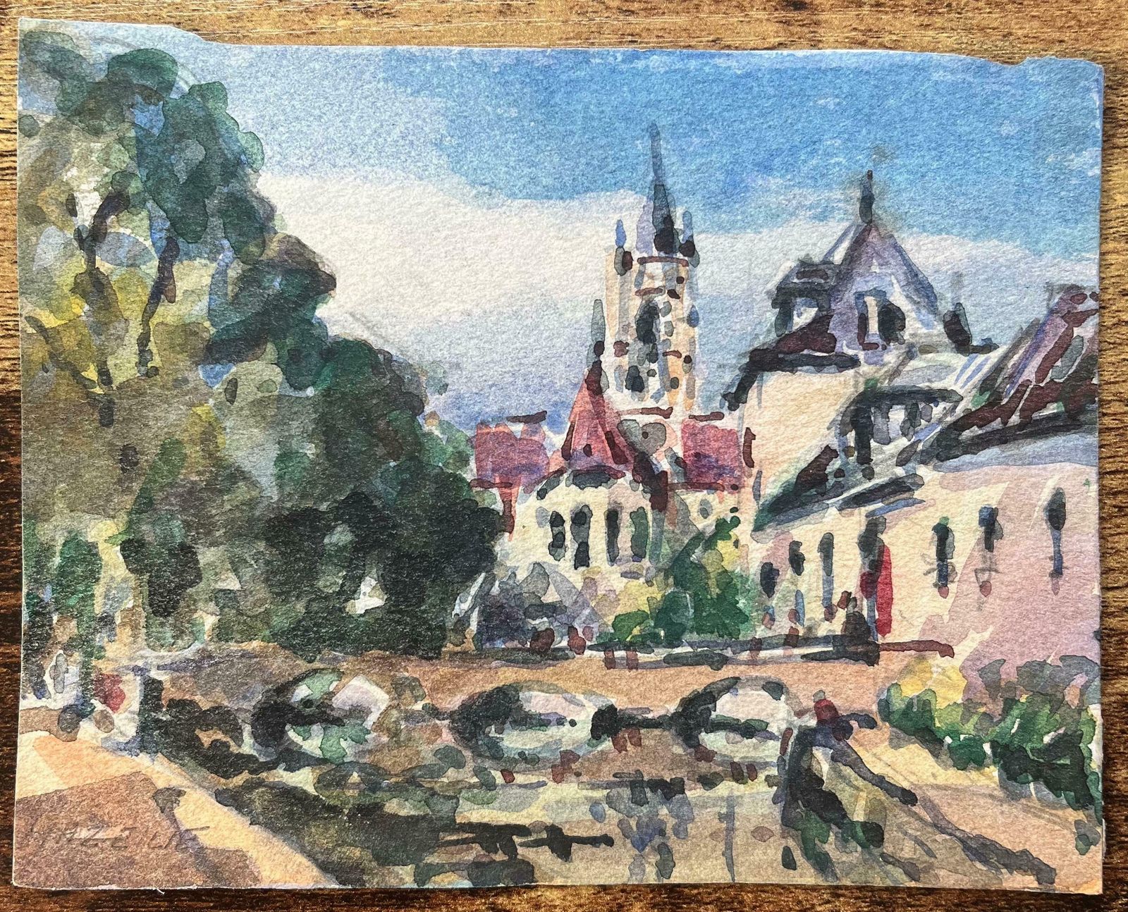 Maurice Mazeiliefrench Impressionist Watercolor Of A Riverside View With Church Tower20th Century photo furniture