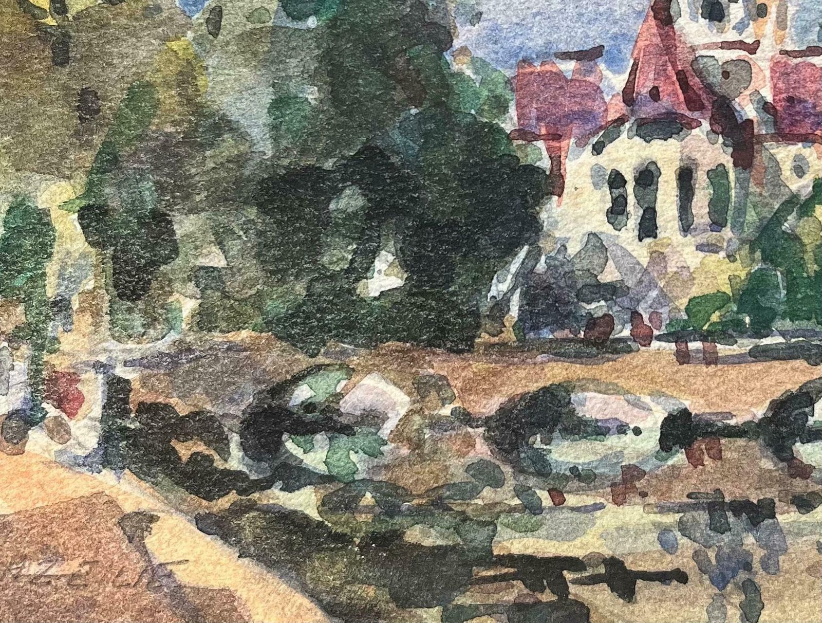 Maurice Mazeiliefrench Impressionist Watercolor Of A Riverside View With Church Tower20th Century photo 225.0
