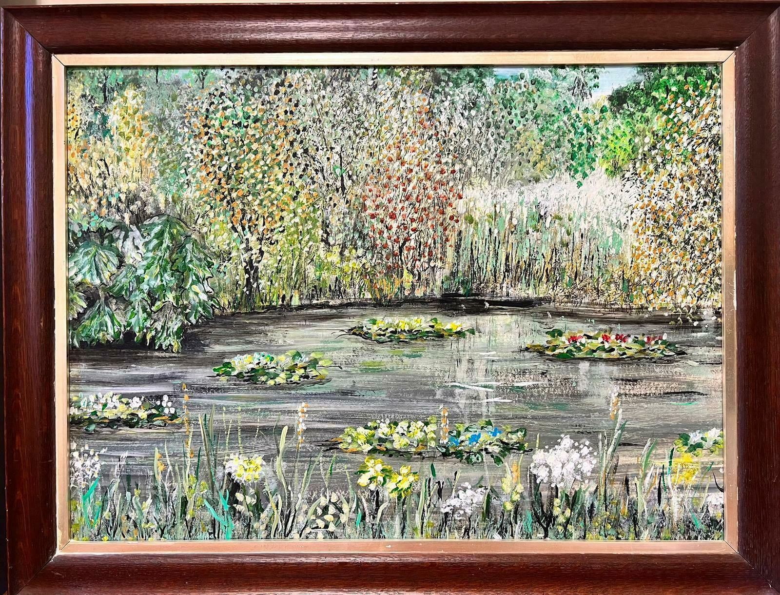 Contemporary British Waterlily Pond Large Post Impressionist Oil Painting photo furniture