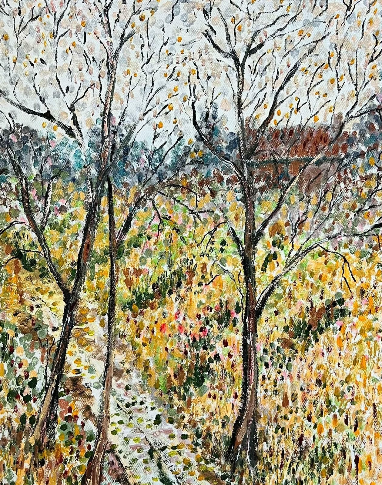 Contemporary British Pointillist Post Impressionist Woodland Landscape Autumn Trees Large Painting