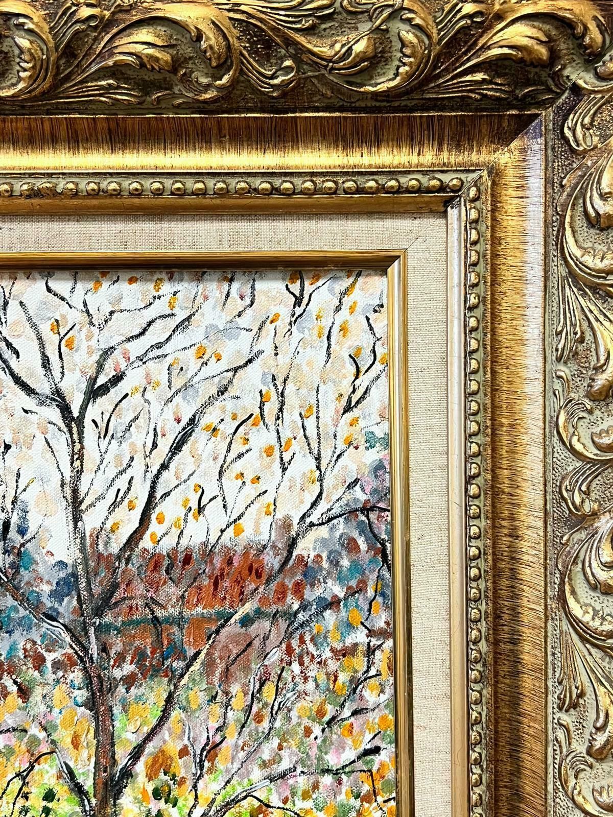 Contemporary British Pointillist Post Impressionist Woodland Landscape Autumn Trees Large Painting photo for sale