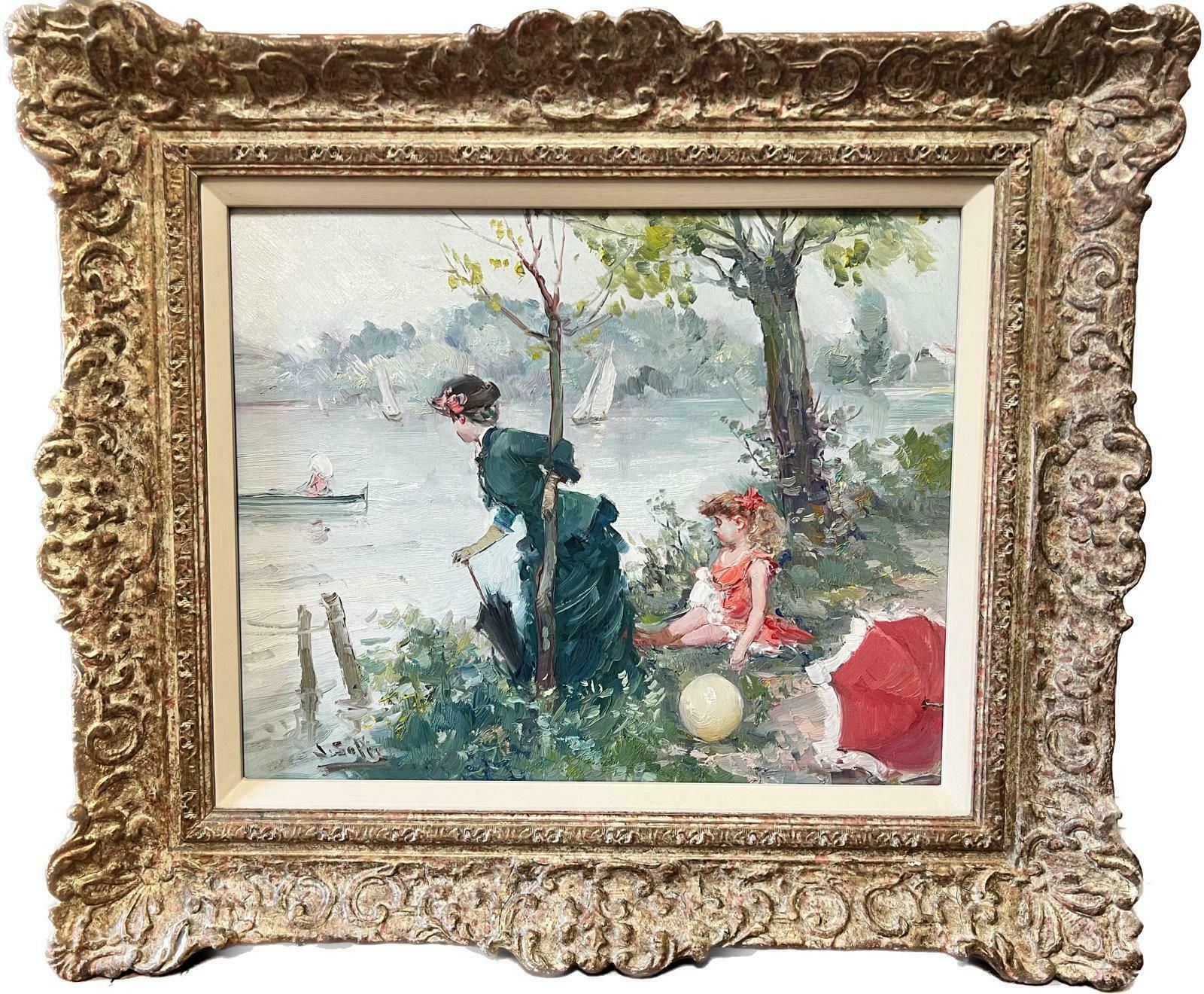 Juan Solermother & Daughter By Lake Fine Impressionist Oil Painting On Canvas Framed