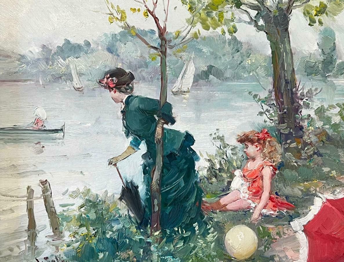 Juan Solermother & Daughter By Lake Fine Impressionist Oil Painting On Canvas Framed photo furniture