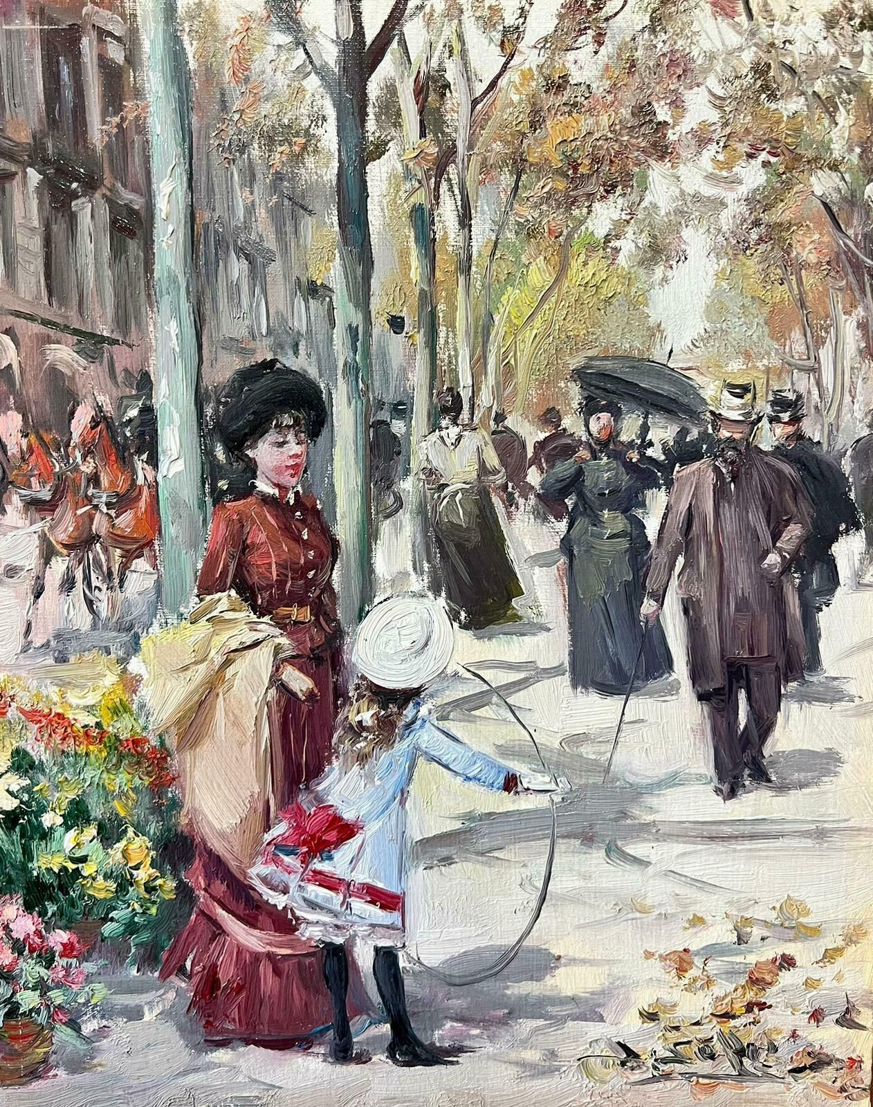 Juan Solerbustling Parisian Boulevards Mother & Child By Flowers Impressionist Oil