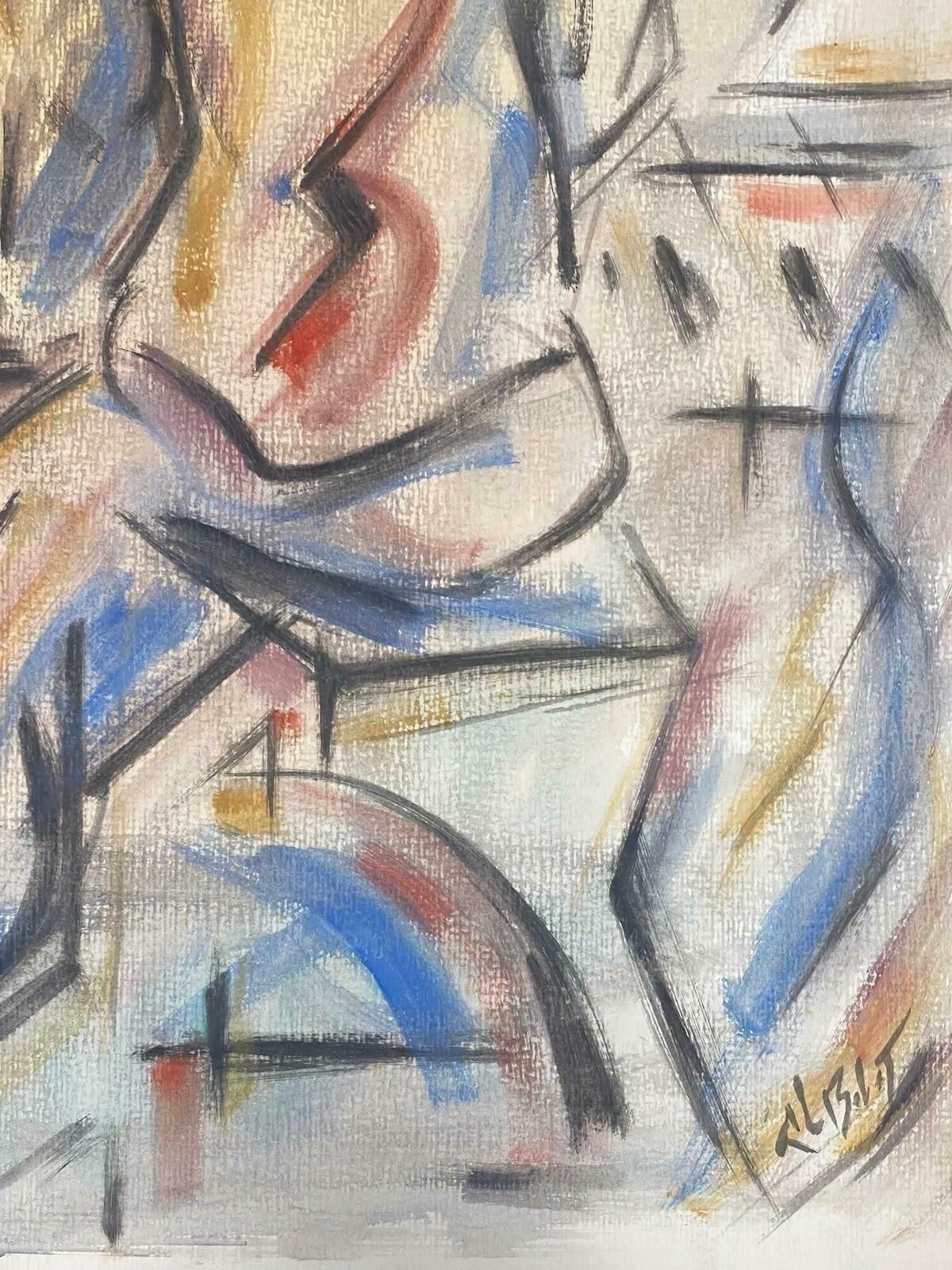 Unknown French Modernist Gouache Painting Multicolor Scene Man Playing Pianoc. 1980 photo for sale