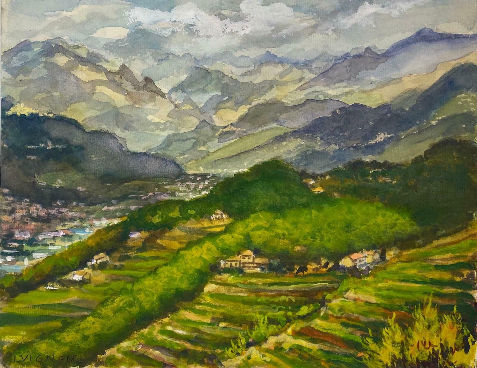 Josine Vignonpost Impressionist French Watercolour Painting The Valleys Of Vouc.1984