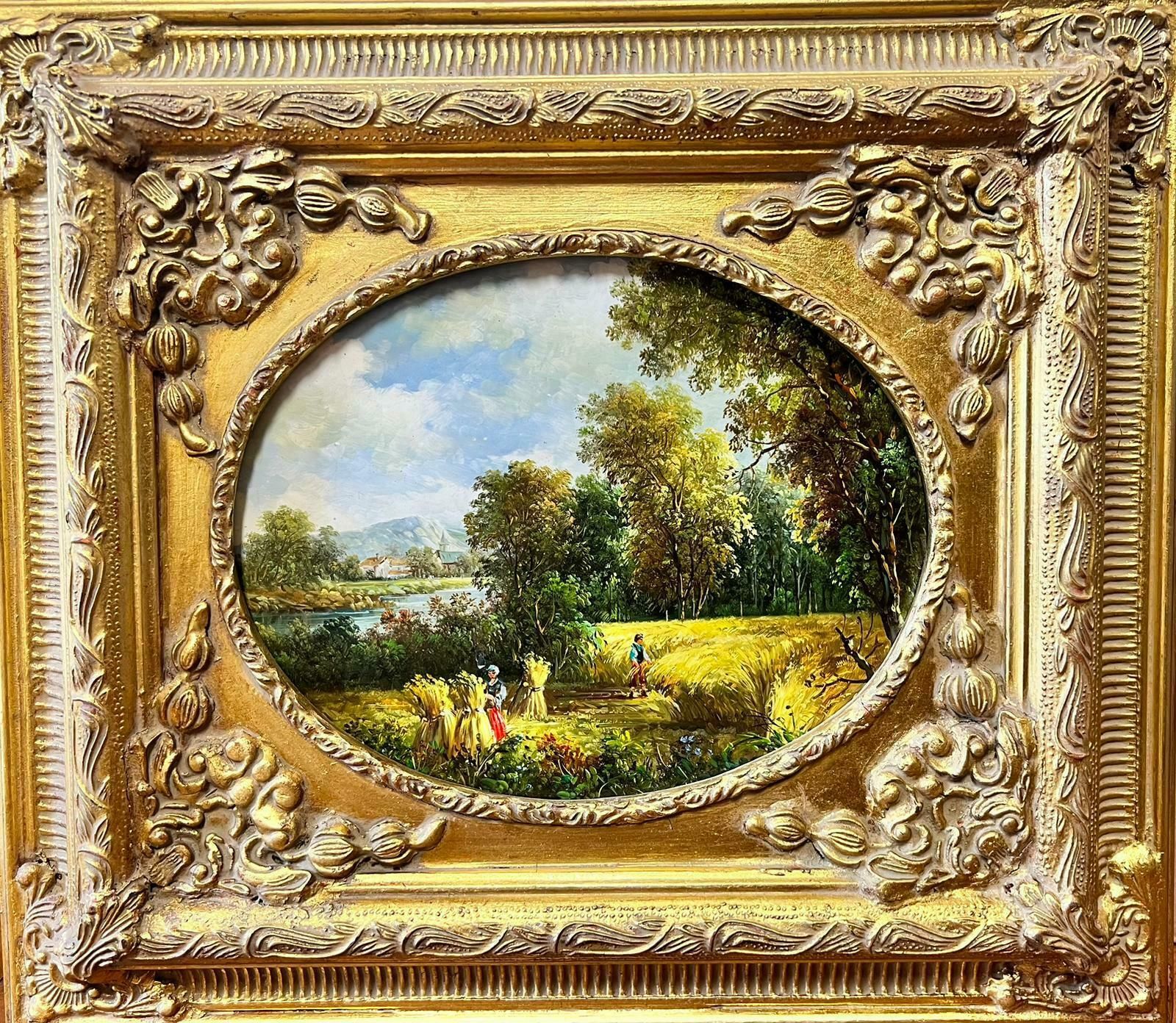 English Schooltraditional British Landscape Figures Gathering The Harvest Oil In Gilt Frame