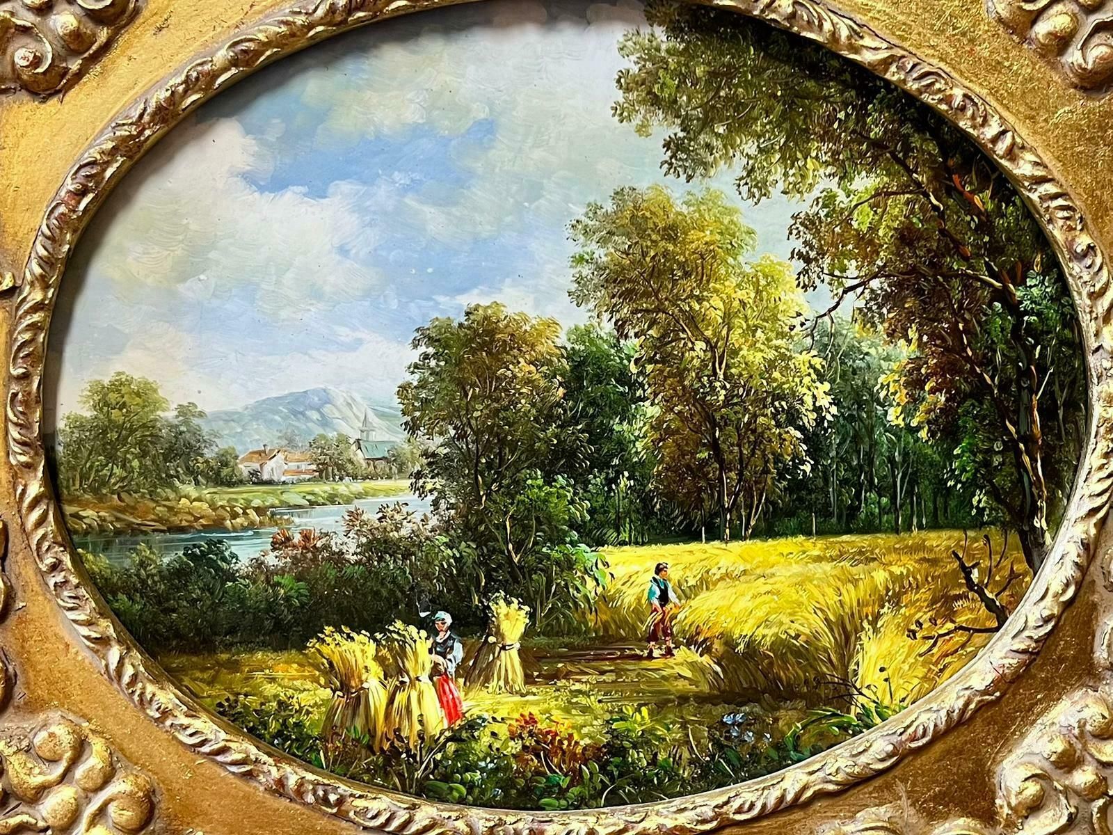 English Schooltraditional British Landscape Figures Gathering The Harvest Oil In Gilt Frame photo furniture