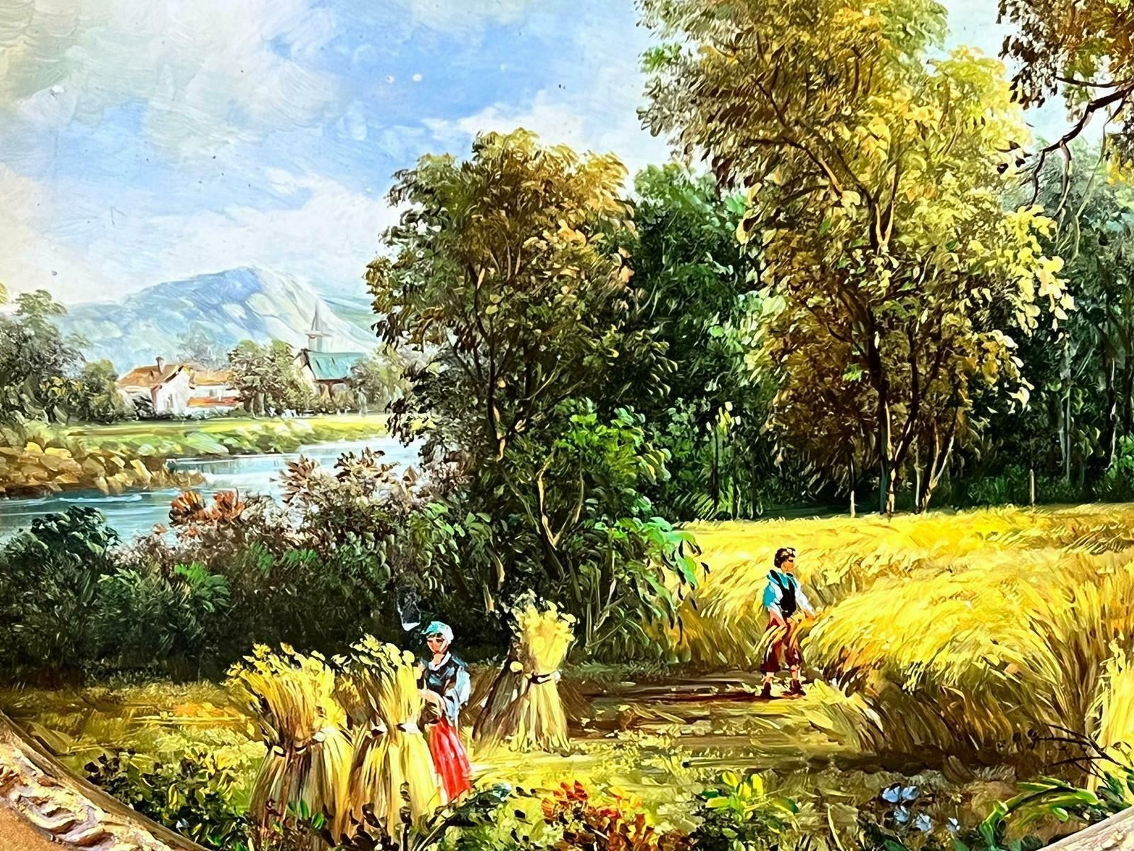 English Schooltraditional British Landscape Figures Gathering The Harvest Oil In Gilt Frame photo for sale
