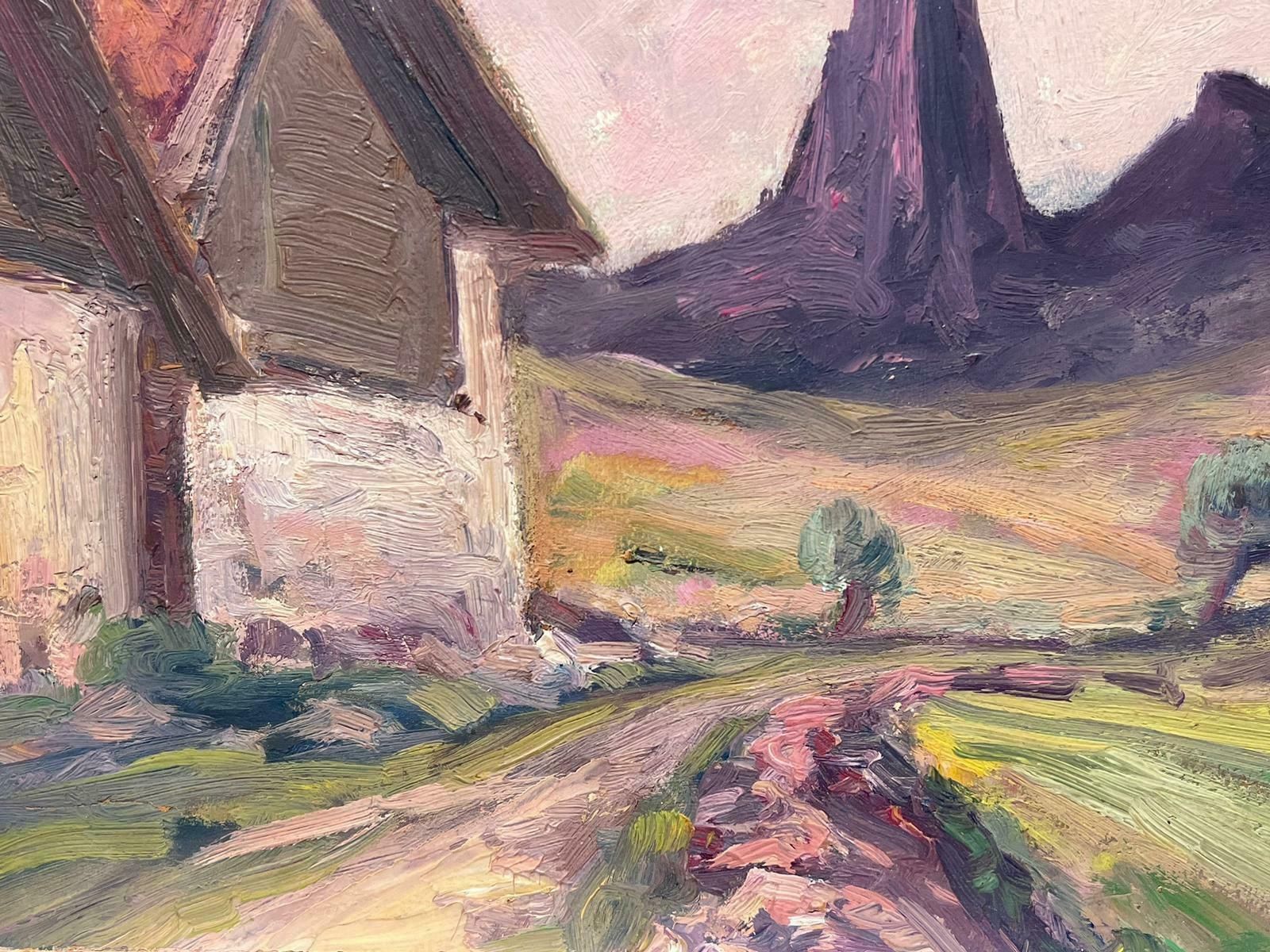 Leon Hatotvintage French Oil Painting Small Village Landscape Purple Mountain photo for sale