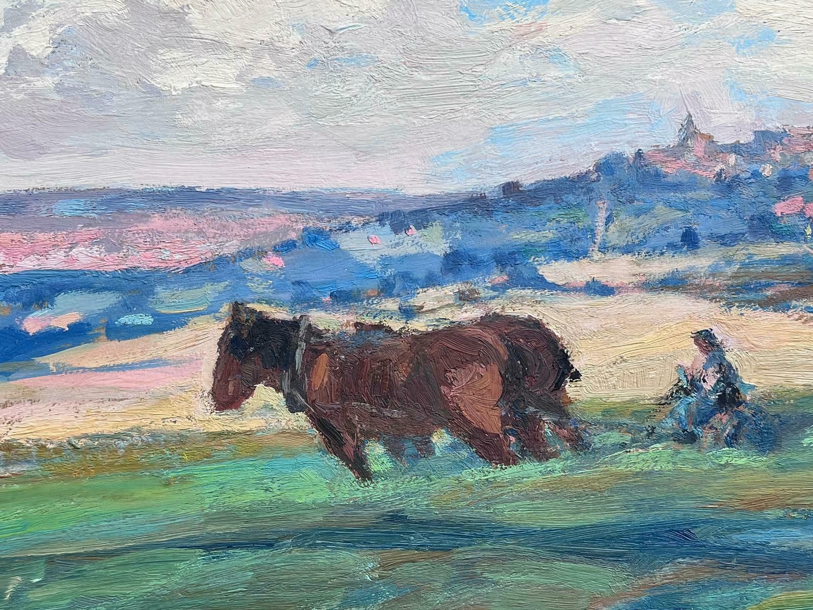 Leon Hatotvintage French Oil Painting Two Brown Horses Towing Farmer On Roller photo Art