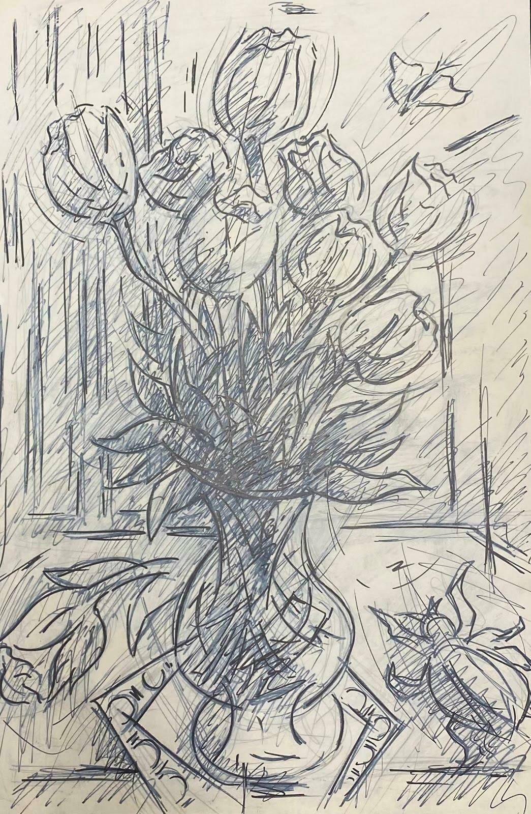 Paul Louis Bolot (French 1918 2003)French Modernist Gouache Painting Of Black & White Roses In Vase21th Century (2002)