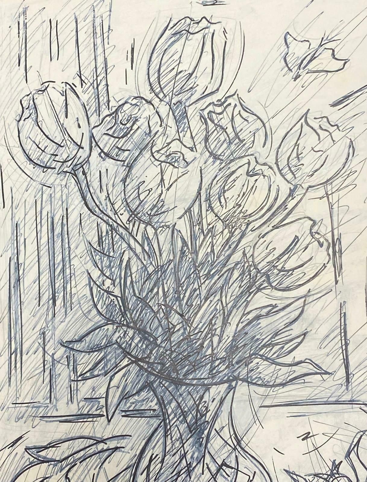 Paul Louis Bolot (French 1918 2003)French Modernist Gouache Painting Of Black & White Roses In Vase21th Century (2002) photo furniture