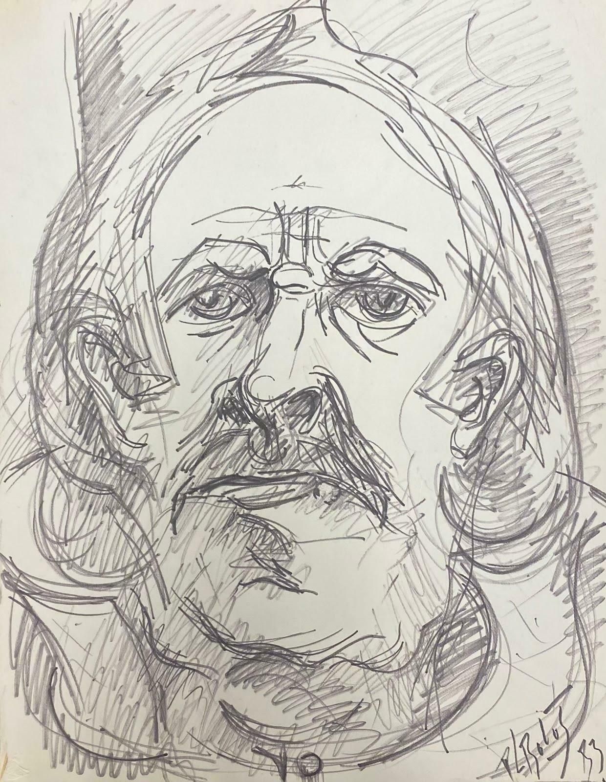 Paul Louis Bolot (French 1918 2003)french Modernist Drawing Caricature Portrait Of Wise Old Man With Large Eyes20th Century (1983) photo furniture