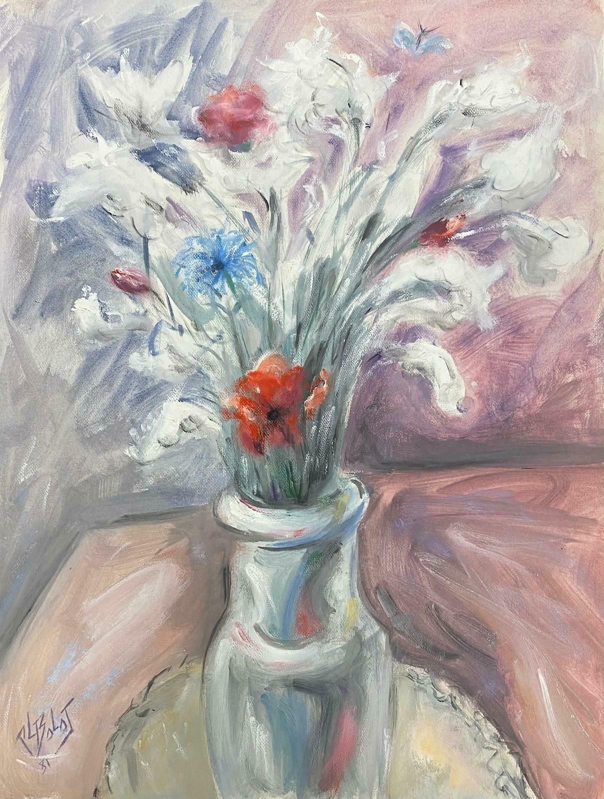 Paul Louis Bolot (French 1918 2003)20th Century French Modernist Painting Of Poppies In Clear Glass Vase20th Century (1981)