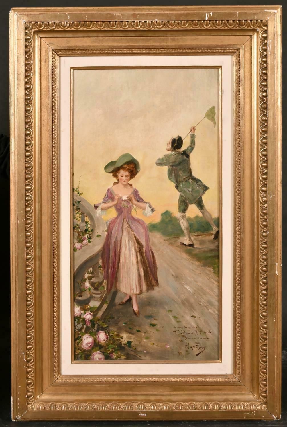 Mariano Alonzo Perez (1857 1930)antique Signed Oil   Elegant Courtship Figures Chasing A Butterfly With Netc. 1900's photo furniture