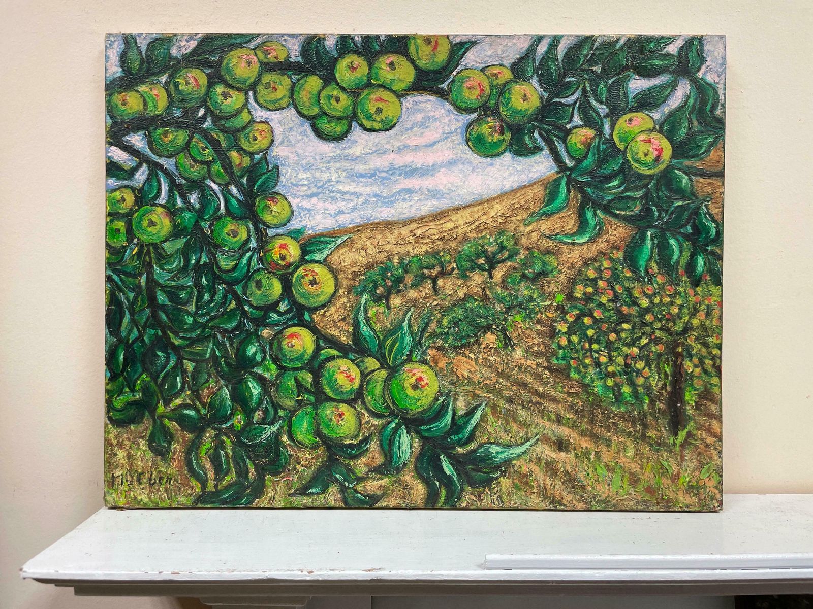 French Post Impressionistlarge 1950's French Signed Oil Apple Orchard Rural Field Very Thick Oilc. 1958 photo furniture